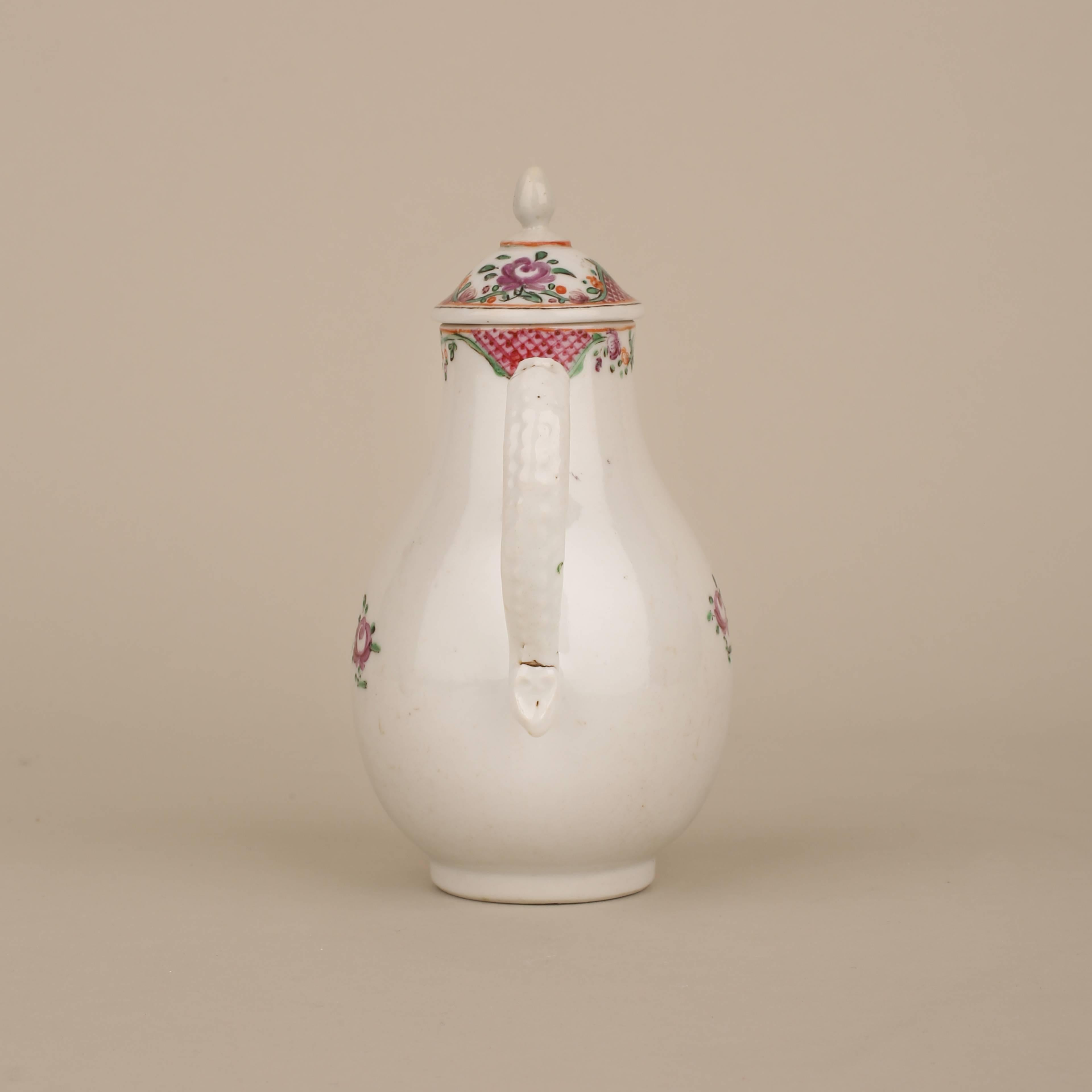A Chinese porcelain famille rose cream jug and cover decorated on the body opposite the handle with an English sailing ship, the rim and spout with continuous floral pattern.

14.5cm overall height.

Qianlong, 1736-1795.

Condition: knop