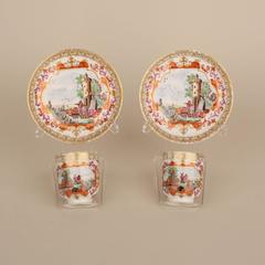 Pair Chinese Export Porcelain European Subject Cups and Saucers, 18th Century