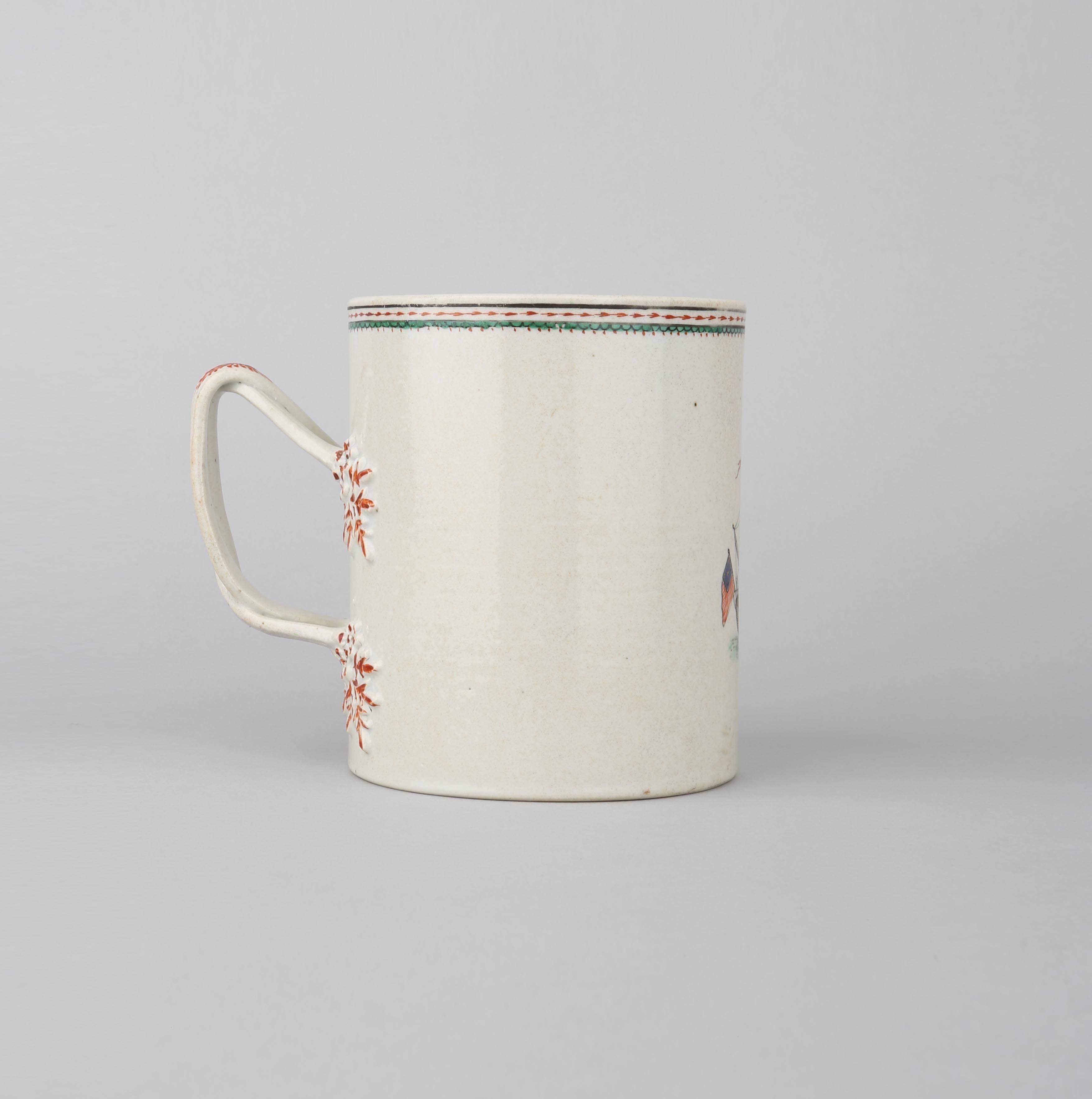 Enameled Chinese Export Porcelain Tankard, Ship and American Flags 18th Century