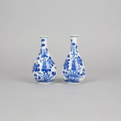 Pair of Chinese Porcelain Blue and White Miniature Bottle Vases, 17th Century