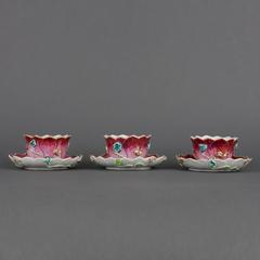 Set of Three Famille Rose Tea Bowls and Saucers in the Form of Lotus, 1750