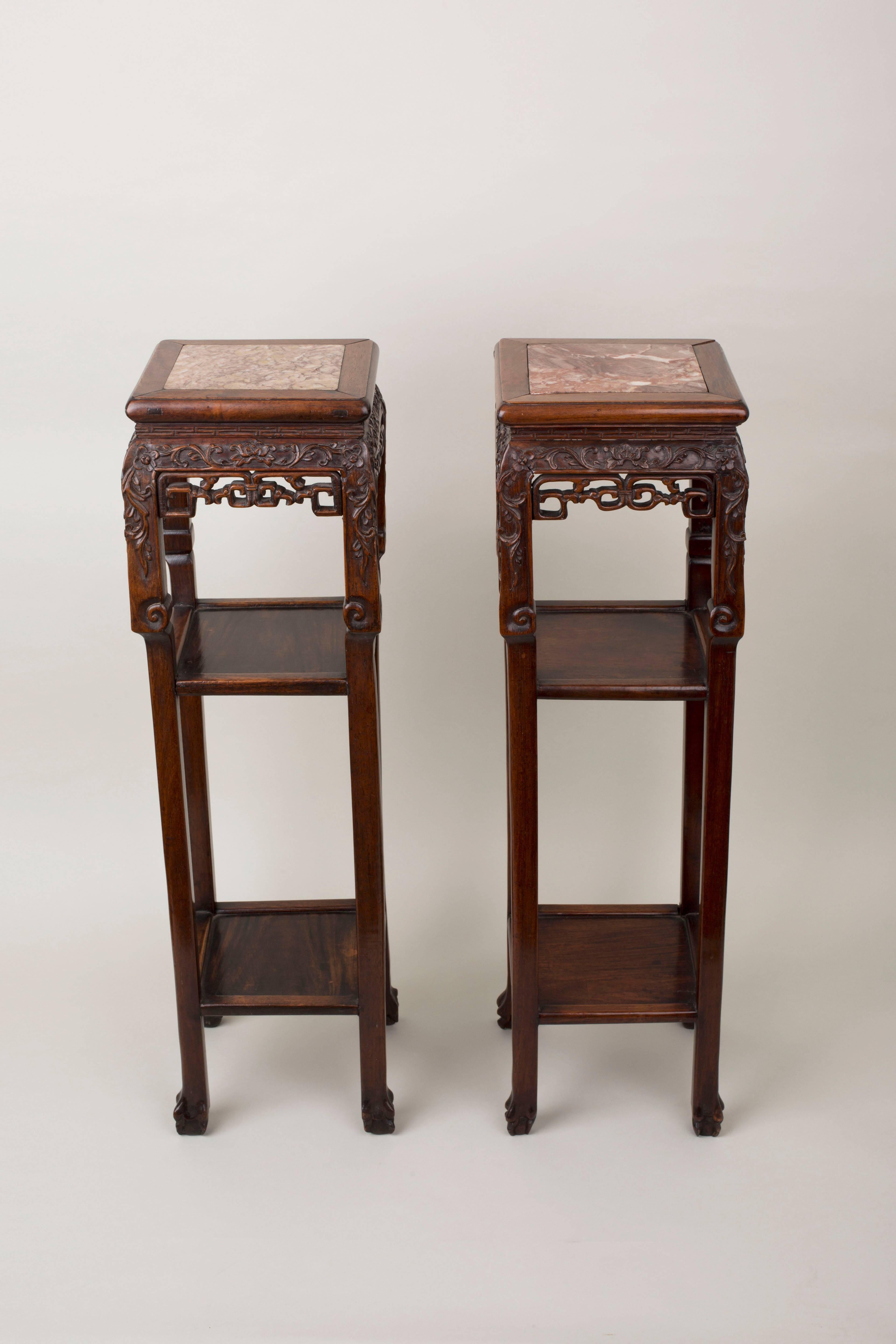 Qing Pair of Chinese Black Wood Hong Mu Square Pedestal Tables, 19th Century For Sale
