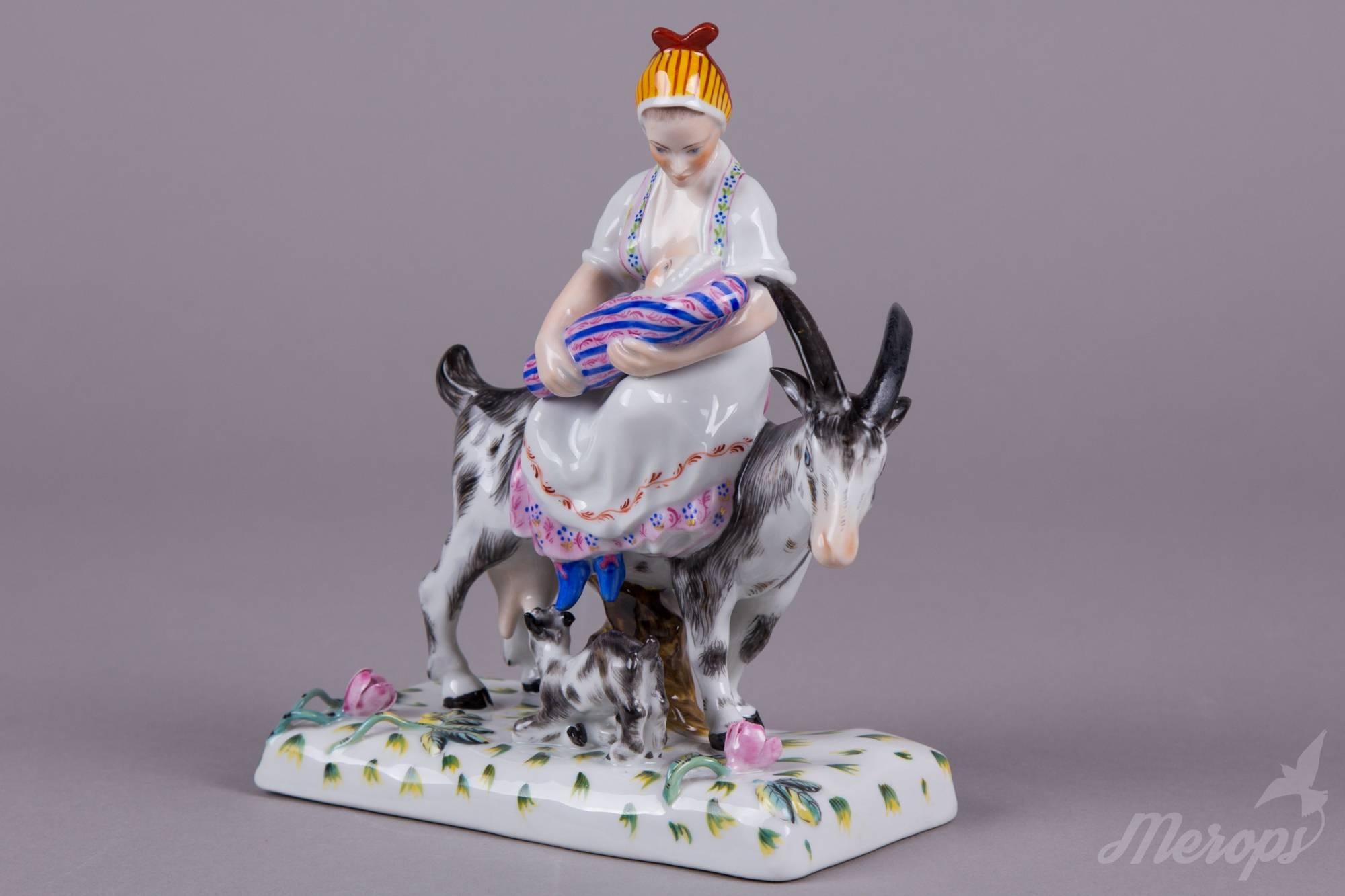 Rare Herend Figurine Mother Sitting on a Goat with a Baby In Excellent Condition For Sale In Budapest, HU