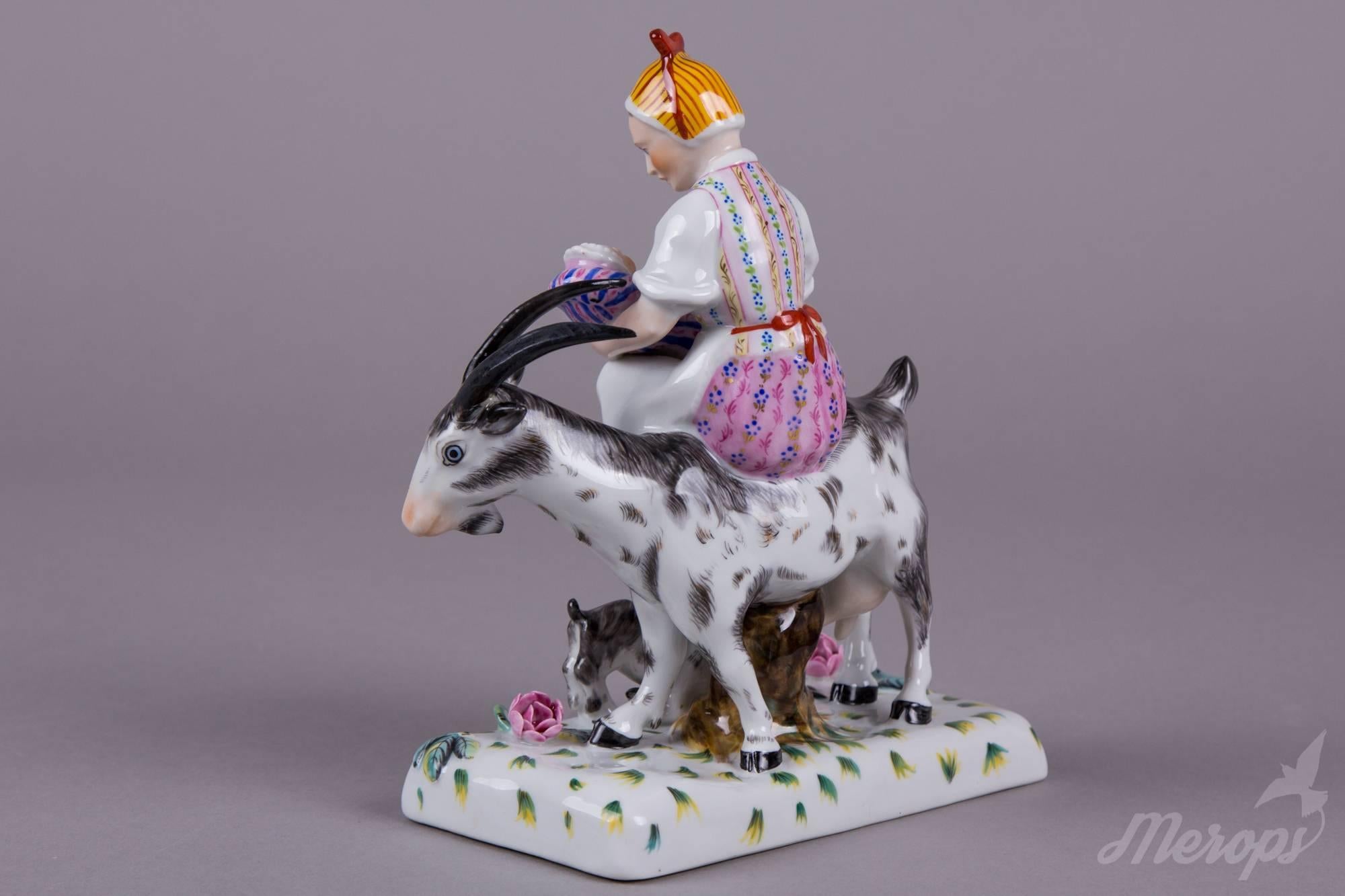 Hand-Painted Rare Herend Figurine Mother Sitting on a Goat with a Baby For Sale