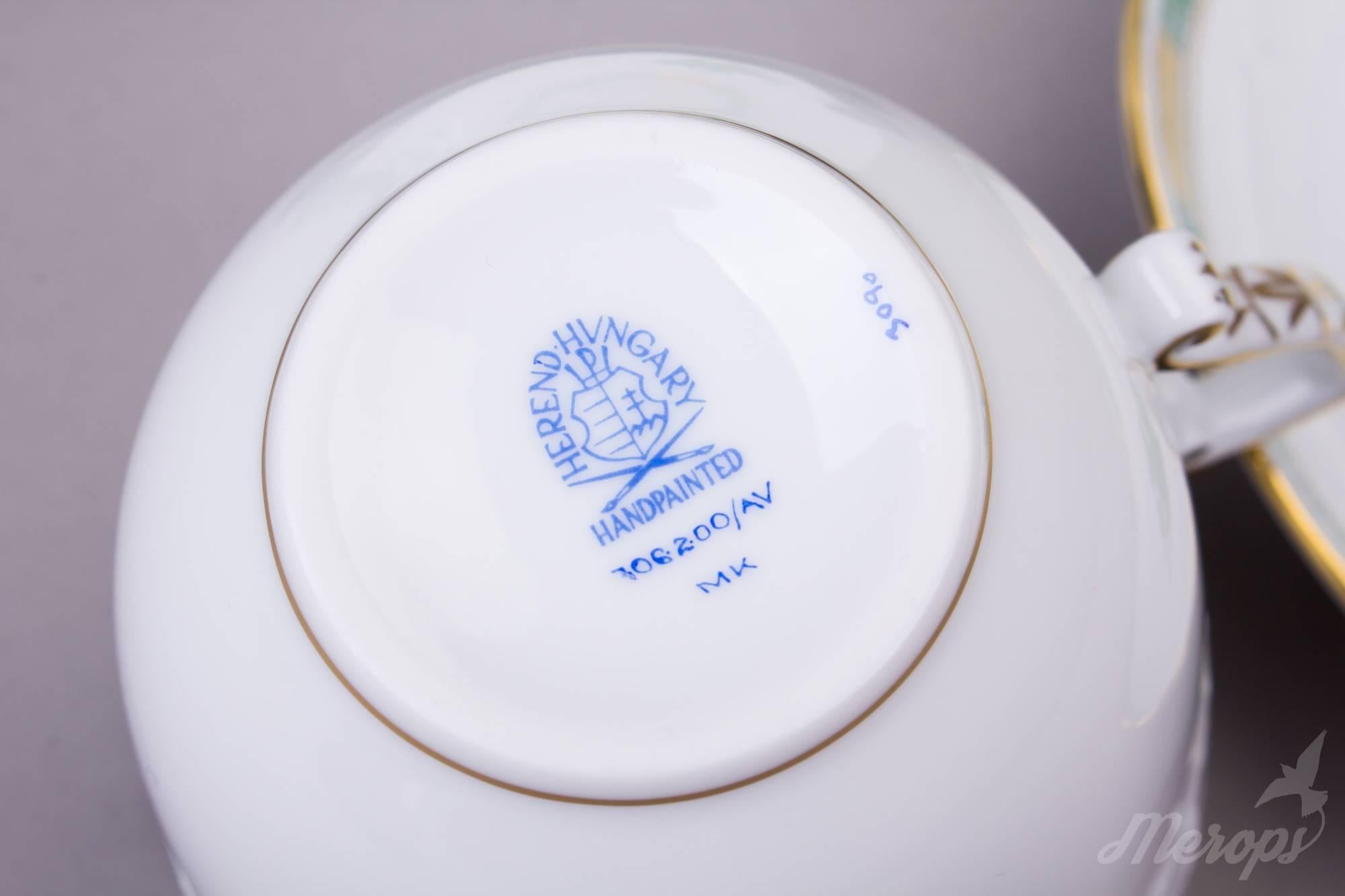 Hungarian Herend Chinese Bouquet Green Teacup with Dessert Plate For Sale
