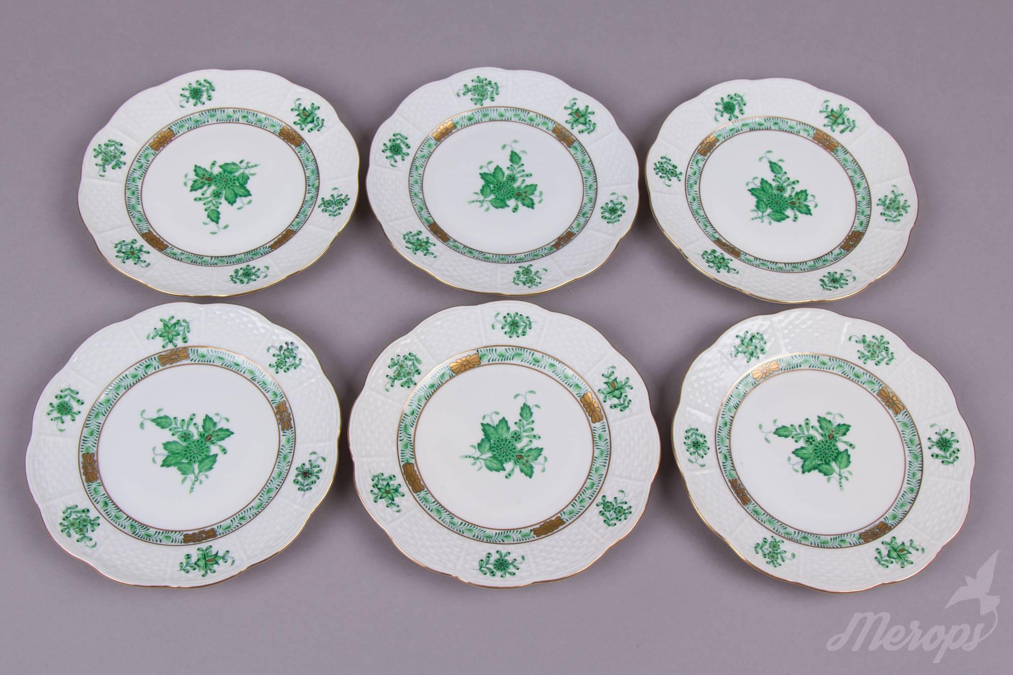Hungarian Herend Chinese Bouquet Green Dessert Set for Six Persons For Sale