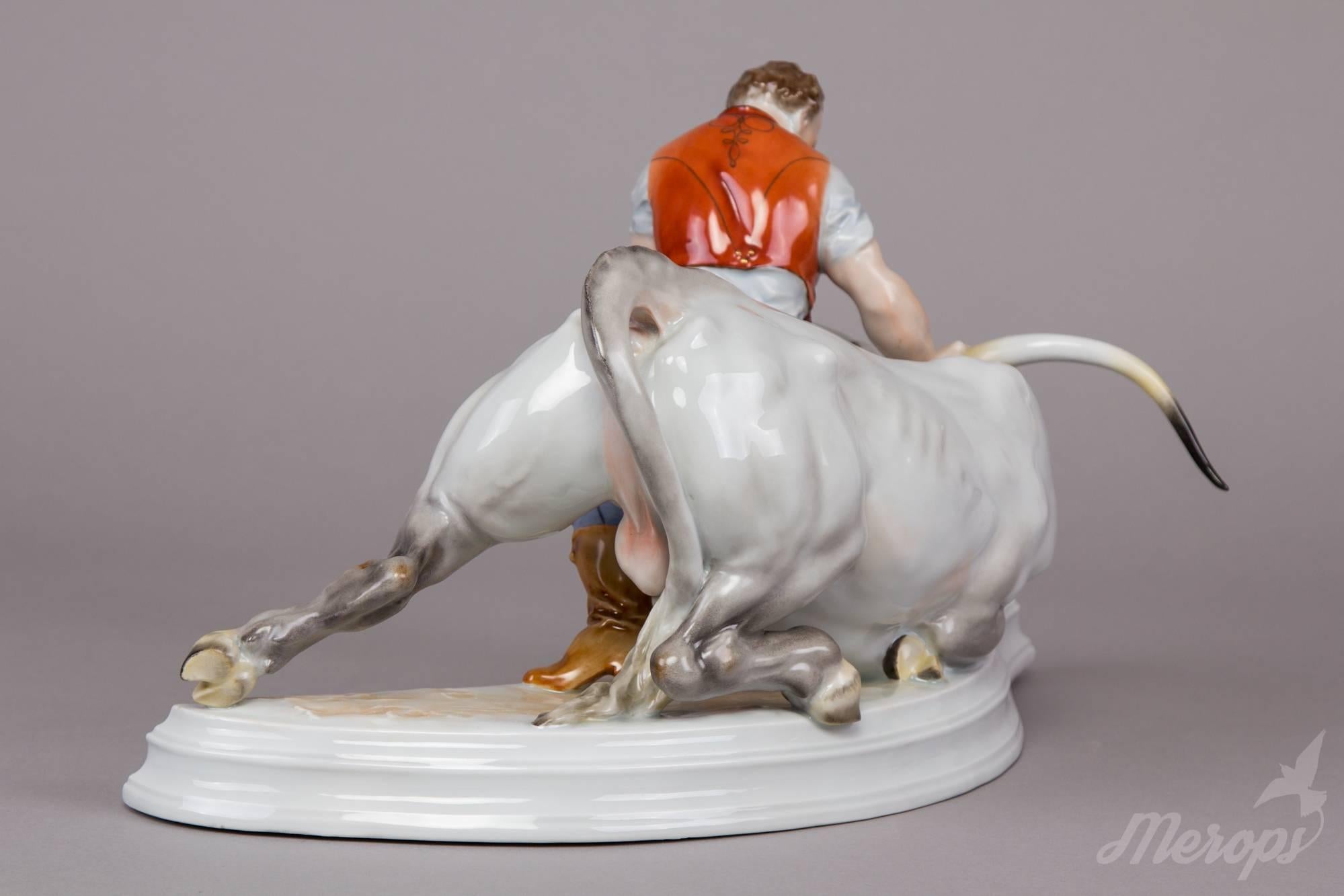 Hungarian Herend Man Fighting with Bull Figurine, cca. 1965