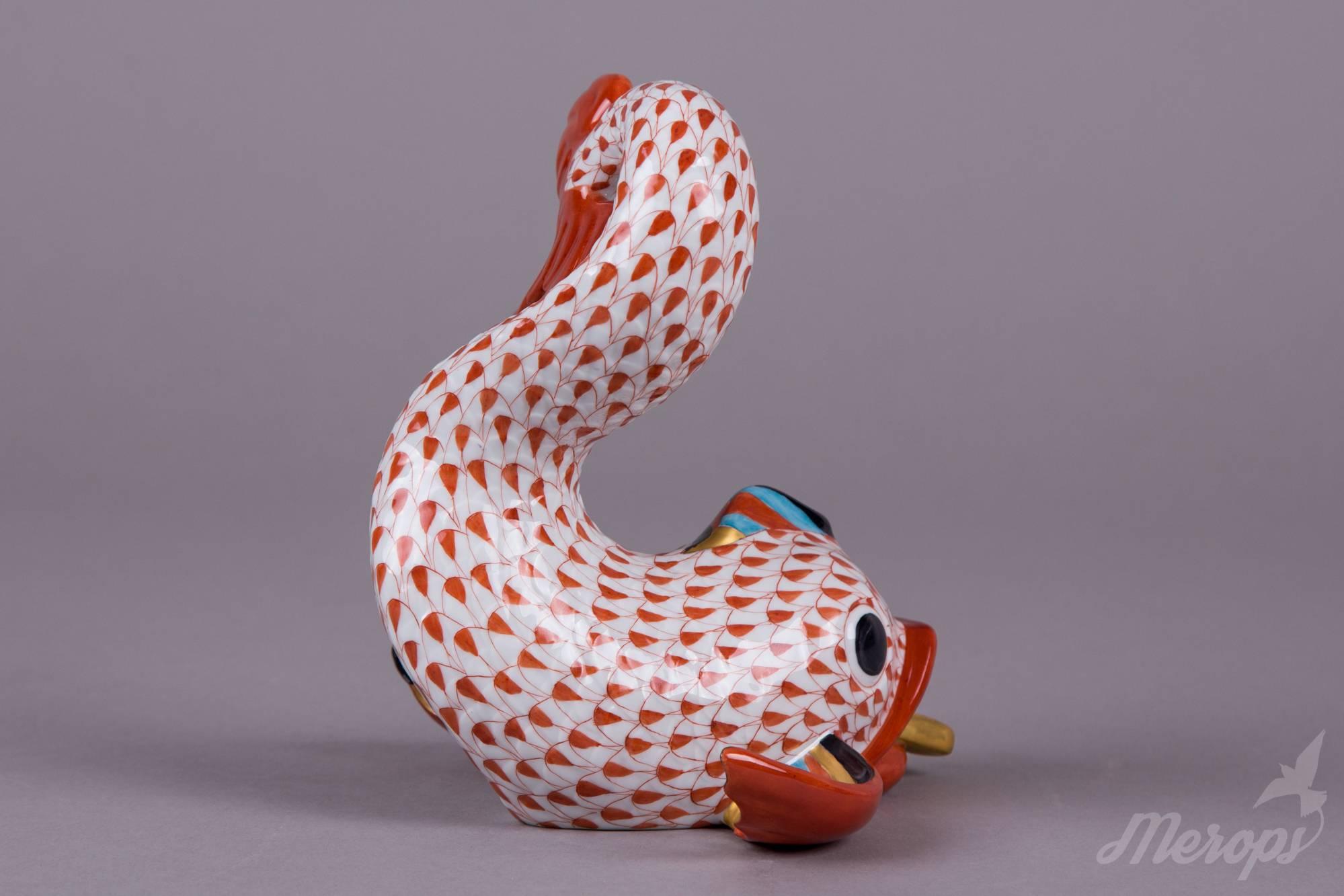 Hand-Painted Herend Large Red Fishnet Dolphin Figurine, circa 1980