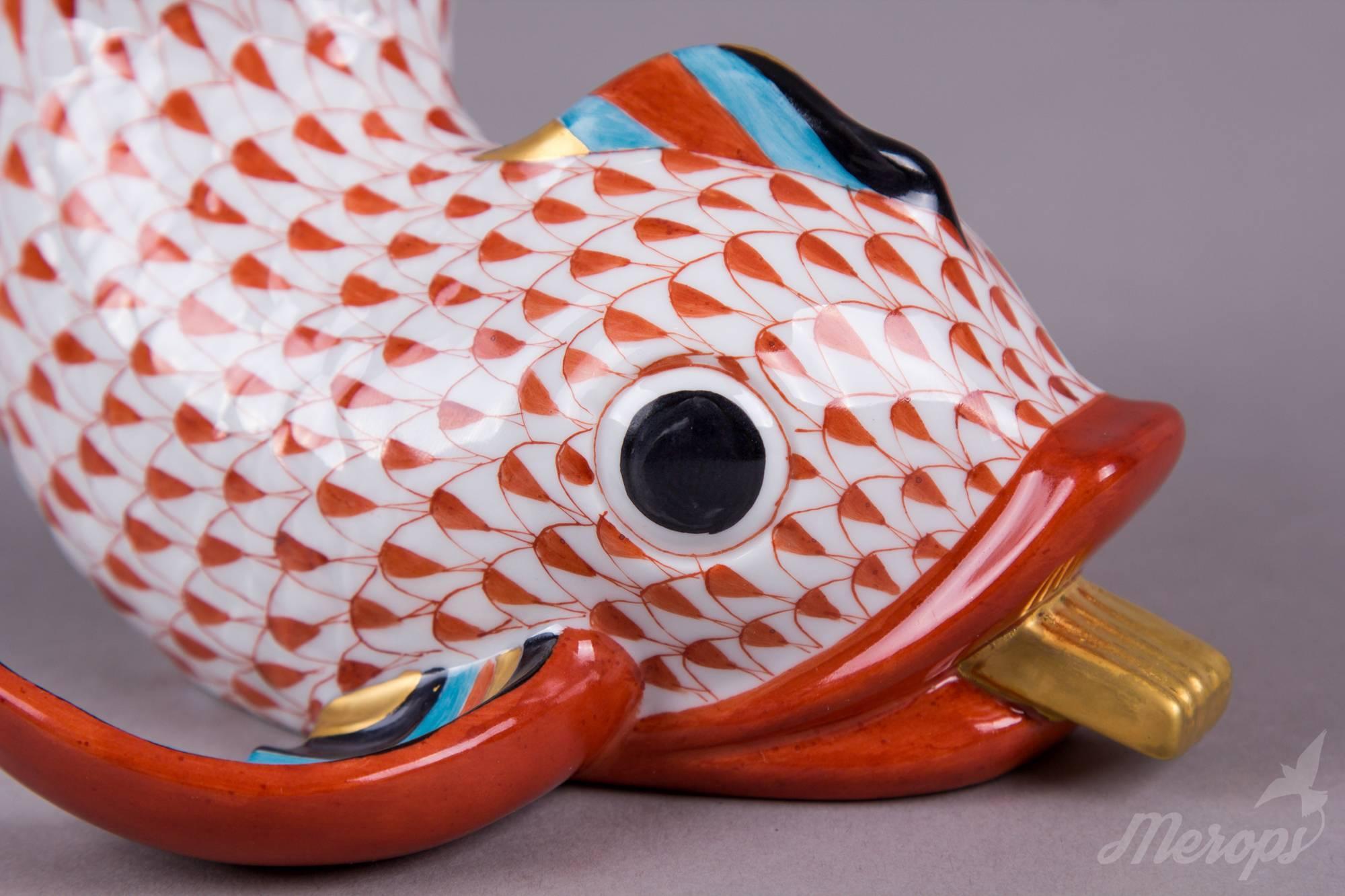 Herend Large Red Fishnet Dolphin Figurine, circa 1980 In Good Condition In Budapest, HU