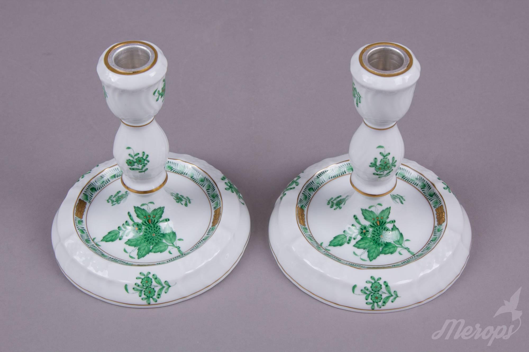 Hungarian Pair of Herend Chinese Bouquet Green Four Light Candle Holder, circa 1960 For Sale