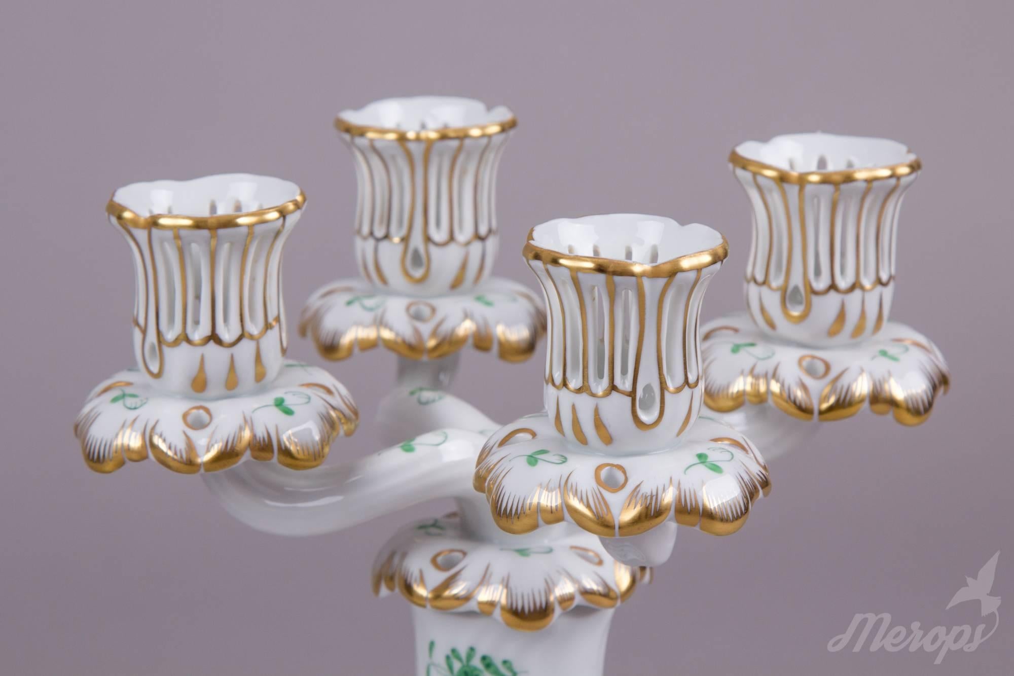 Mid-20th Century Pair of Herend Chinese Bouquet Green Four Light Candle Holder, circa 1960 For Sale