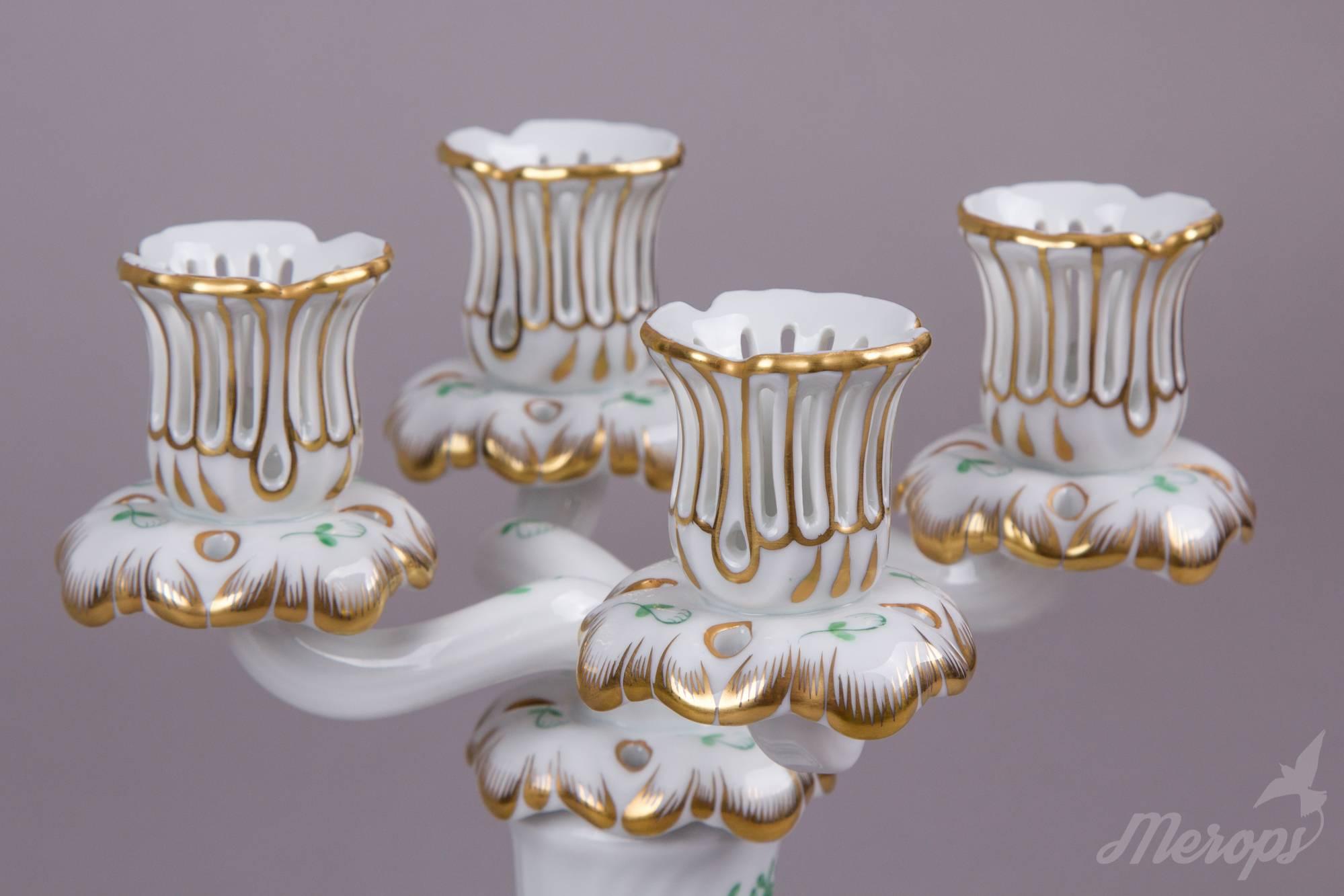 Pair of Herend Chinese Bouquet Green Four Light Candle Holder, circa 1960 In Excellent Condition For Sale In Budapest, HU