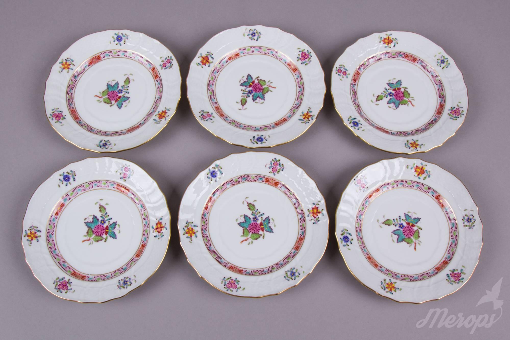 Hand-Painted Herend Chinese Bouquet Fleur Multicolor Dessert Set for Six Persons, circa 1960