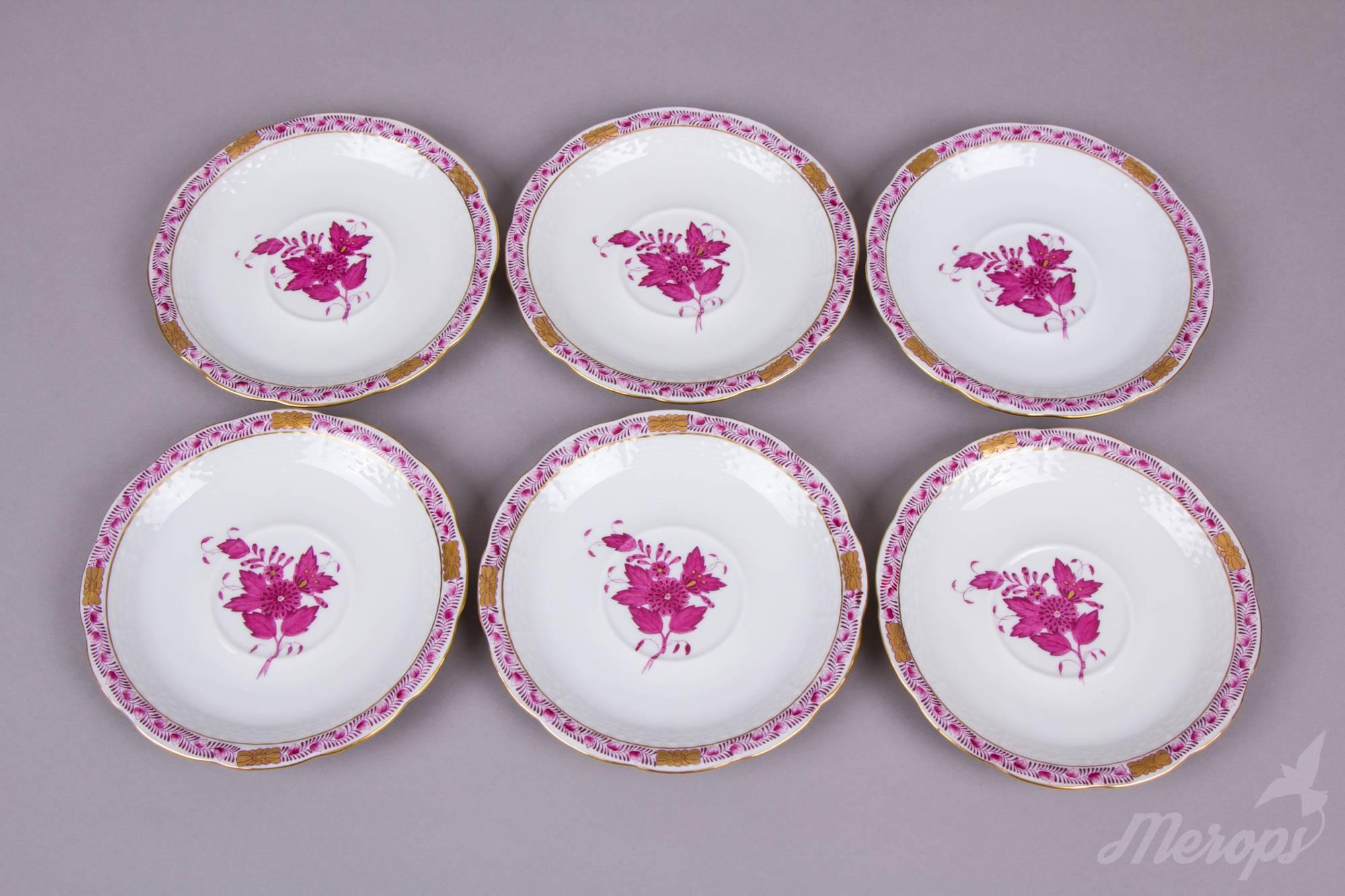 Hand-Painted Set of Six Herend Chinese Bouquet Raspberry Tea Cups, circa 1960
