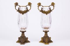 Pair of Bronze Mounted Crystal Vase with Rams Head Handles, circa 1930
