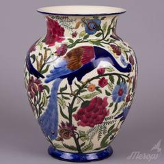 Zsolnay Hungarian Large Peacock Pattern Vase, 1878