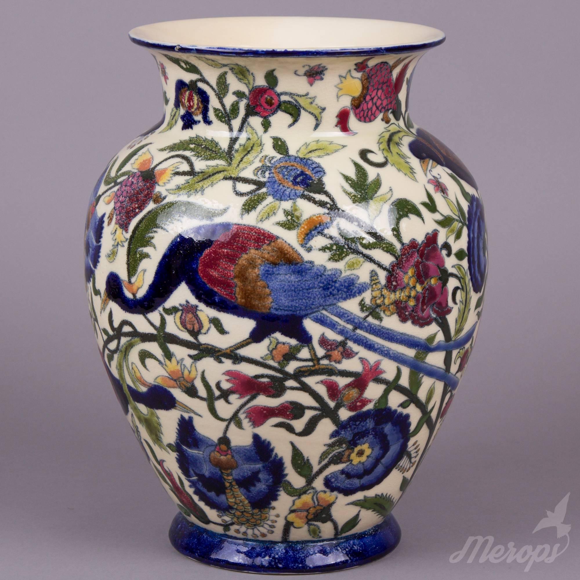 Hand-Painted Zsolnay Hungarian Large Peacock Pattern Vase, 1878