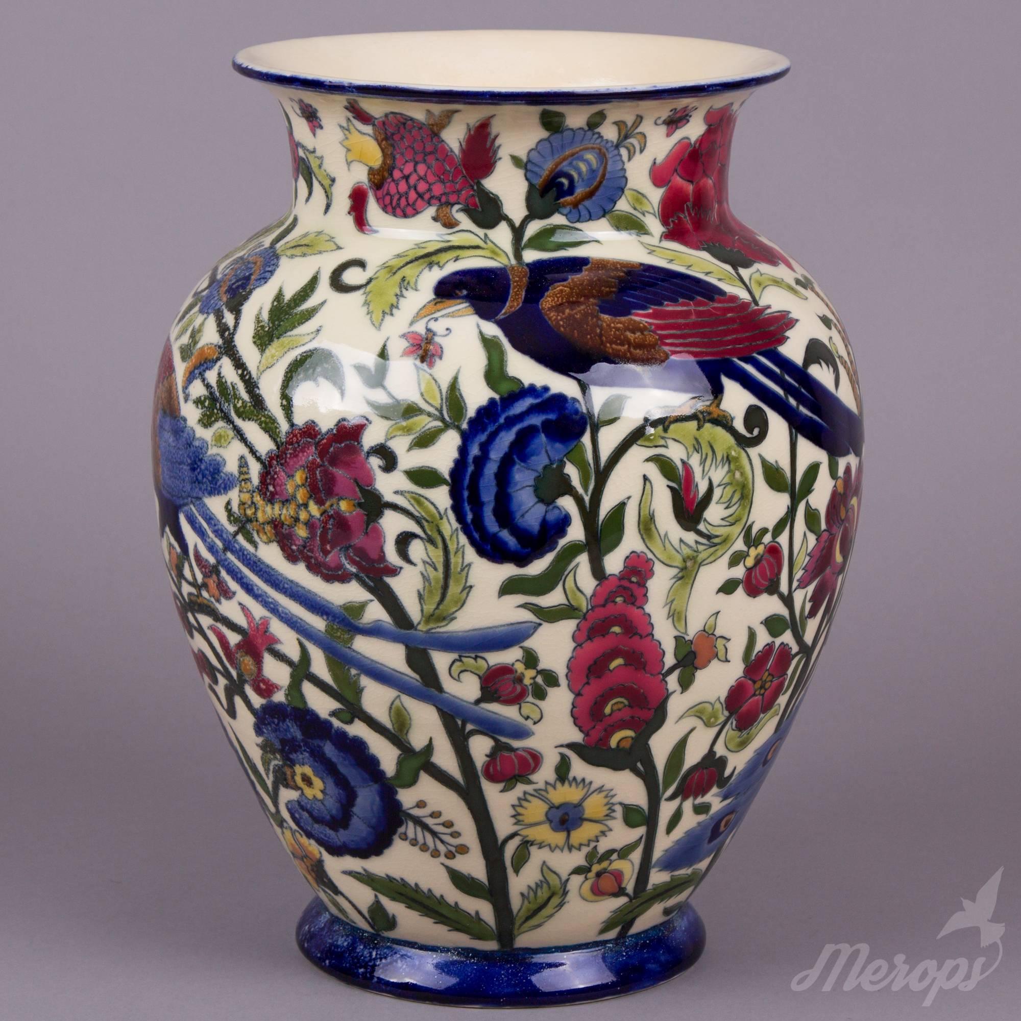 Porcelain Zsolnay Hungarian Large Peacock Pattern Vase, 1878