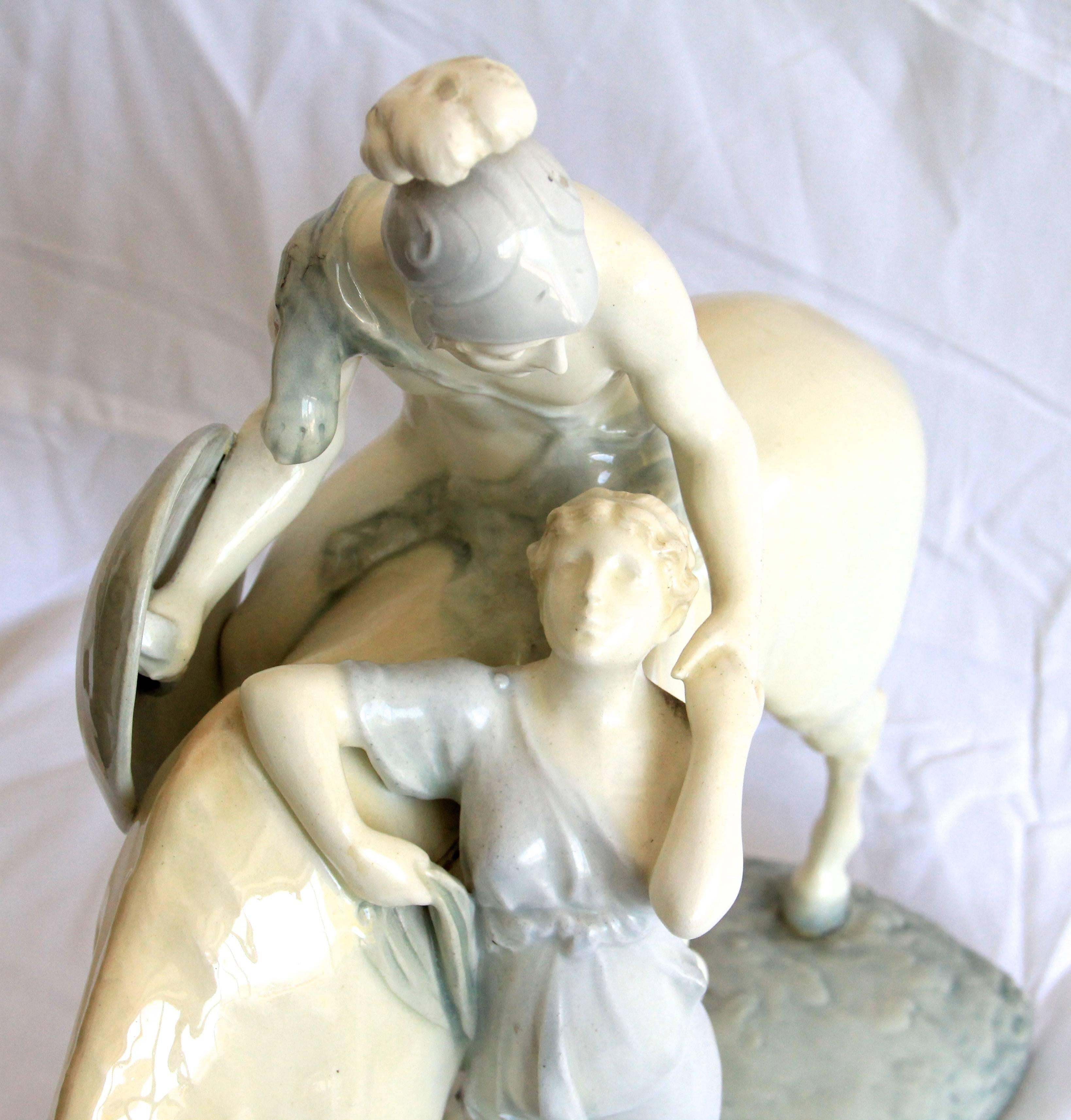 This very nice porcelain figure from Royal Vienna Porcelain Austria, circa 1905 shows an antique soldier on a horse with his maiden. This exceptional piece was designed by Ernst Wahliss and is in a very good condition and bookmarked with the Royal