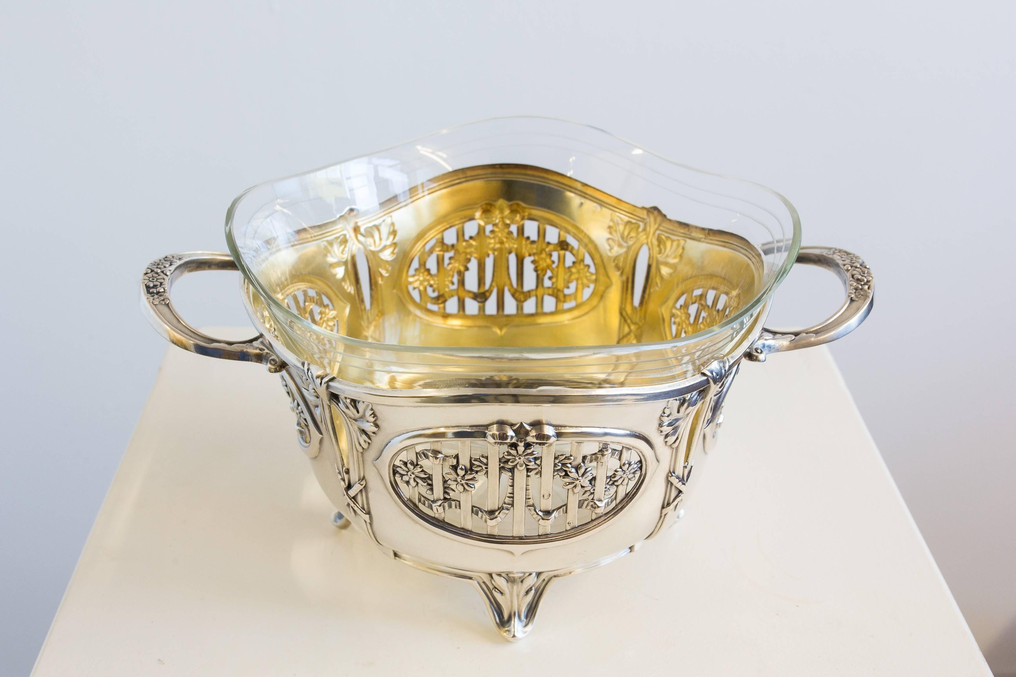 The wonderful Art Nouveau openwork design combined with the hand-cut glass bowl makes this 800 silver confectionery bowl from Germany (circa 1900) a real elegant table decoration. It is stamped with the German authority and Austrian import