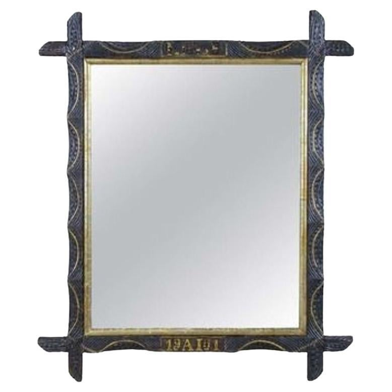 20th Century Rustic Wall Mirror With Golden Bars, Tramp Art, Austria dated 1901 For Sale