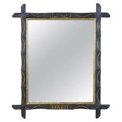 20th Century Rustic Wall Mirror With Golden Bars, Tramp Art, Austria dated 1901
