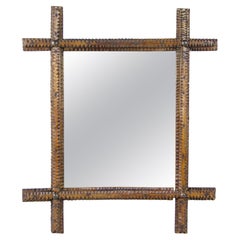 Specchio da parete rustico Tramp Art del XIX secolo, intagliato a mano, Austria, circa 1870