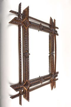 19th Century Tramp Art Wall Mirror, Basswood Handcarved, Austria ca. 1870