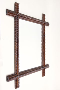 Miroir mural rustique de style « Tramp Art » du XIXe siècle, sculpté à la main, Autriche, vers 1880