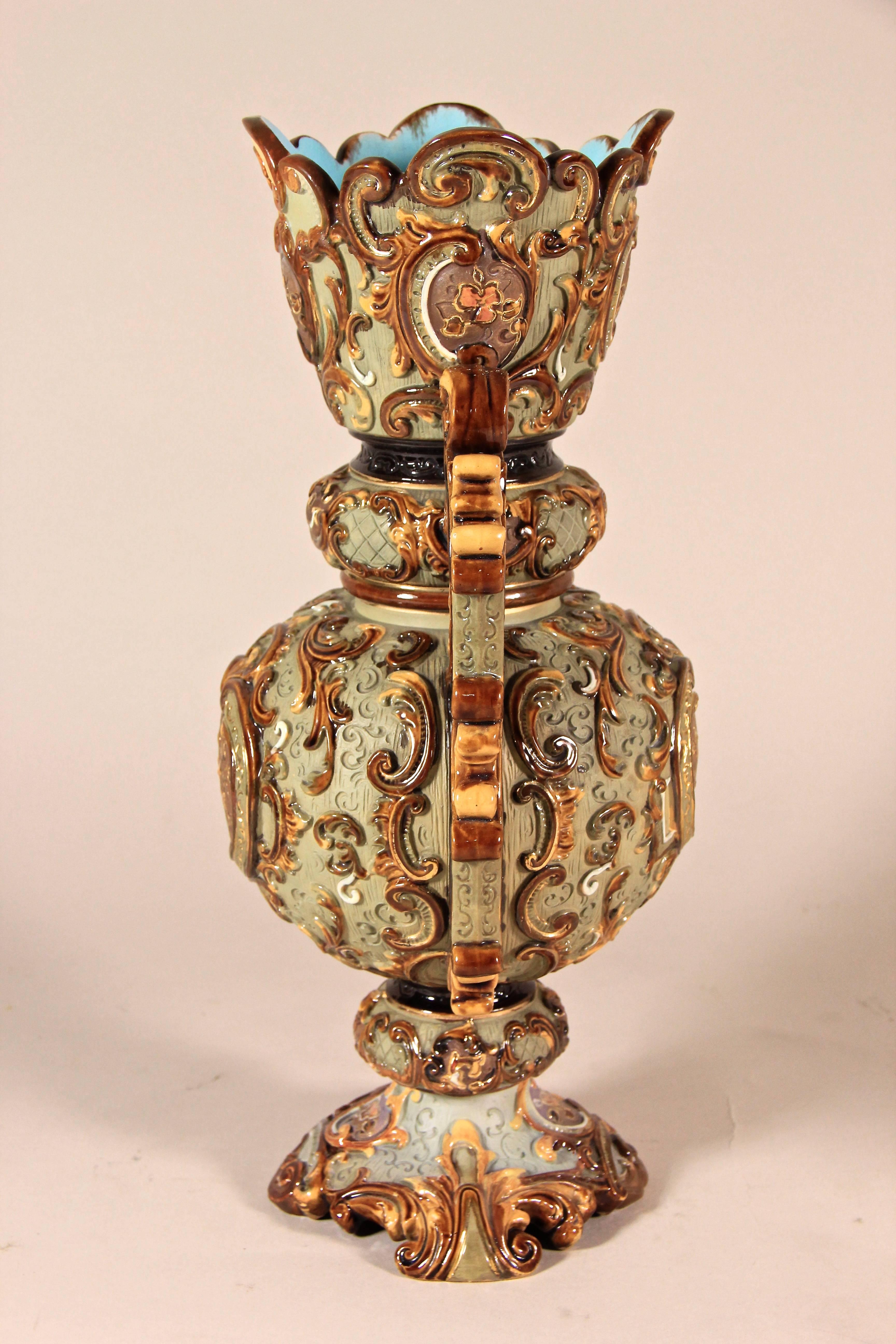 Hand-Painted Large Majolica Vase by Wilhem Schiller & Sohn, Bohemia, circa 1890