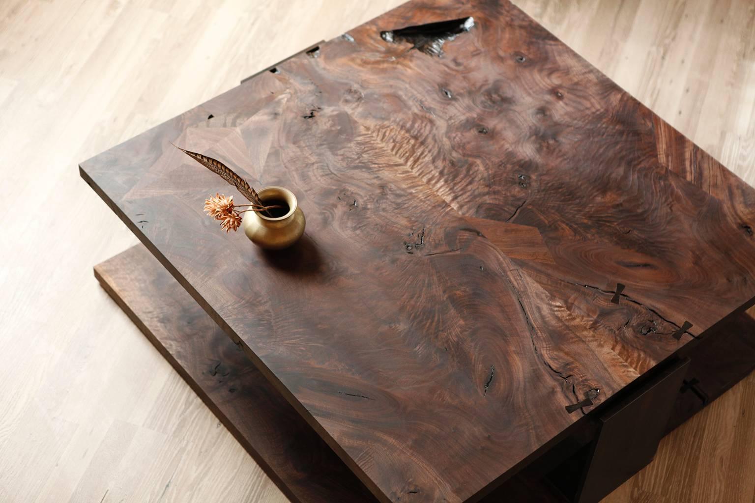 The Shadow coffee table is a pure celebration of the natural beauty of wood; knots, cracks, imperfections and all.

The Shadow Collection uses salvaged California logs which are milled at the Studio Roeper sawmill and air-dried on-site for several
