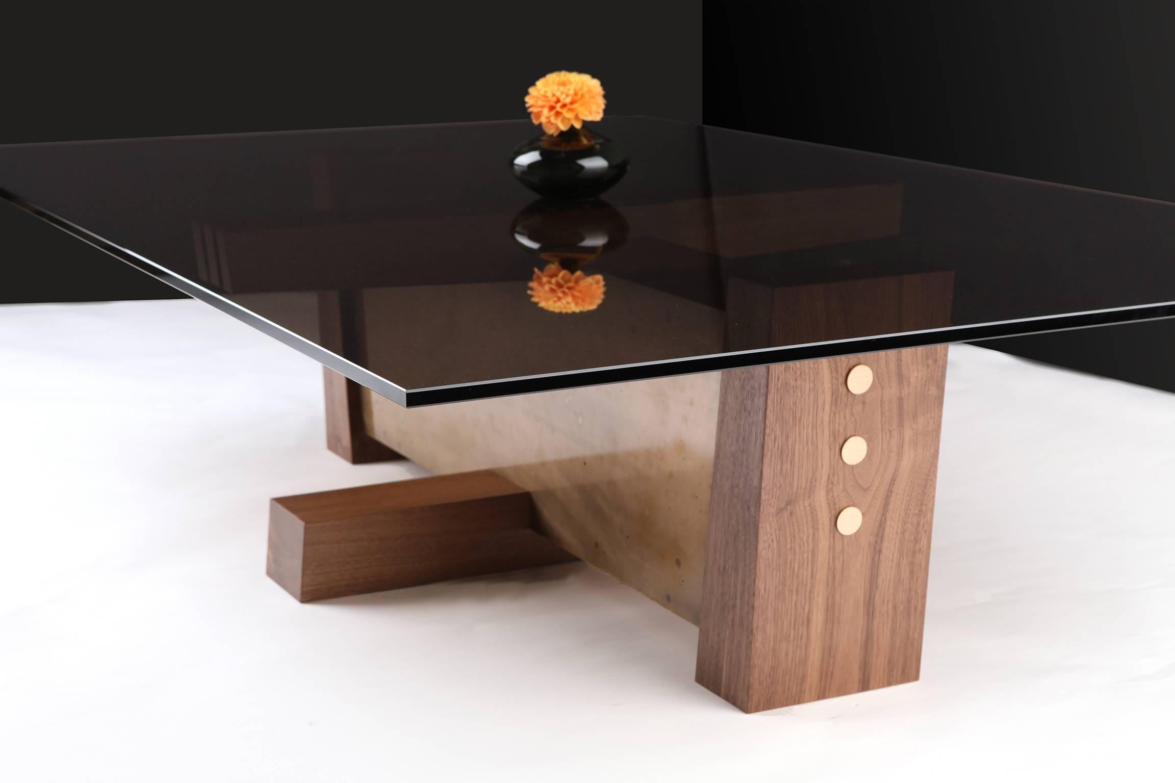 American FLW Cocktail Table in Etched Bronze, Walnut and Smoked Glass by Studio Roeper