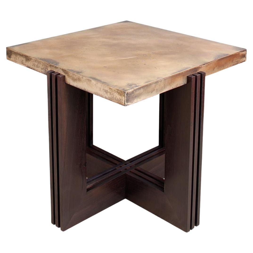 Frank Lloyd Wright Inspired Side Table in Bronze and Ebonized Walnut For Sale