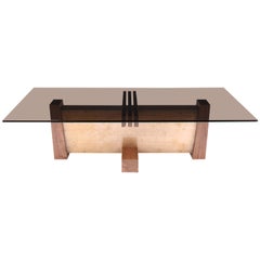 "FLW" Coffee Table in Smoked Glass, Walnut and Etched Bronze by Studio Roeper