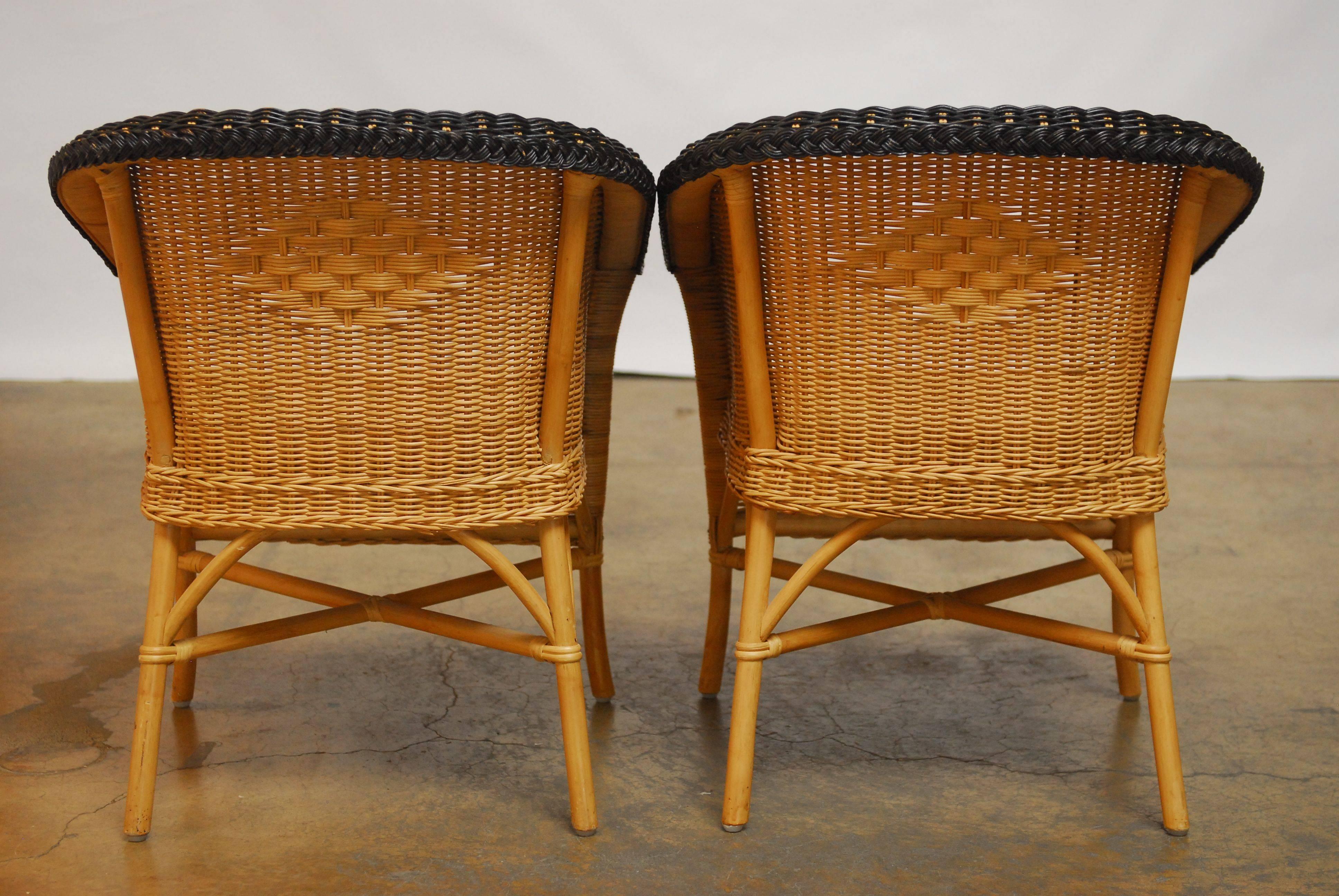20th Century French Grange Style Rattan Club Chairs