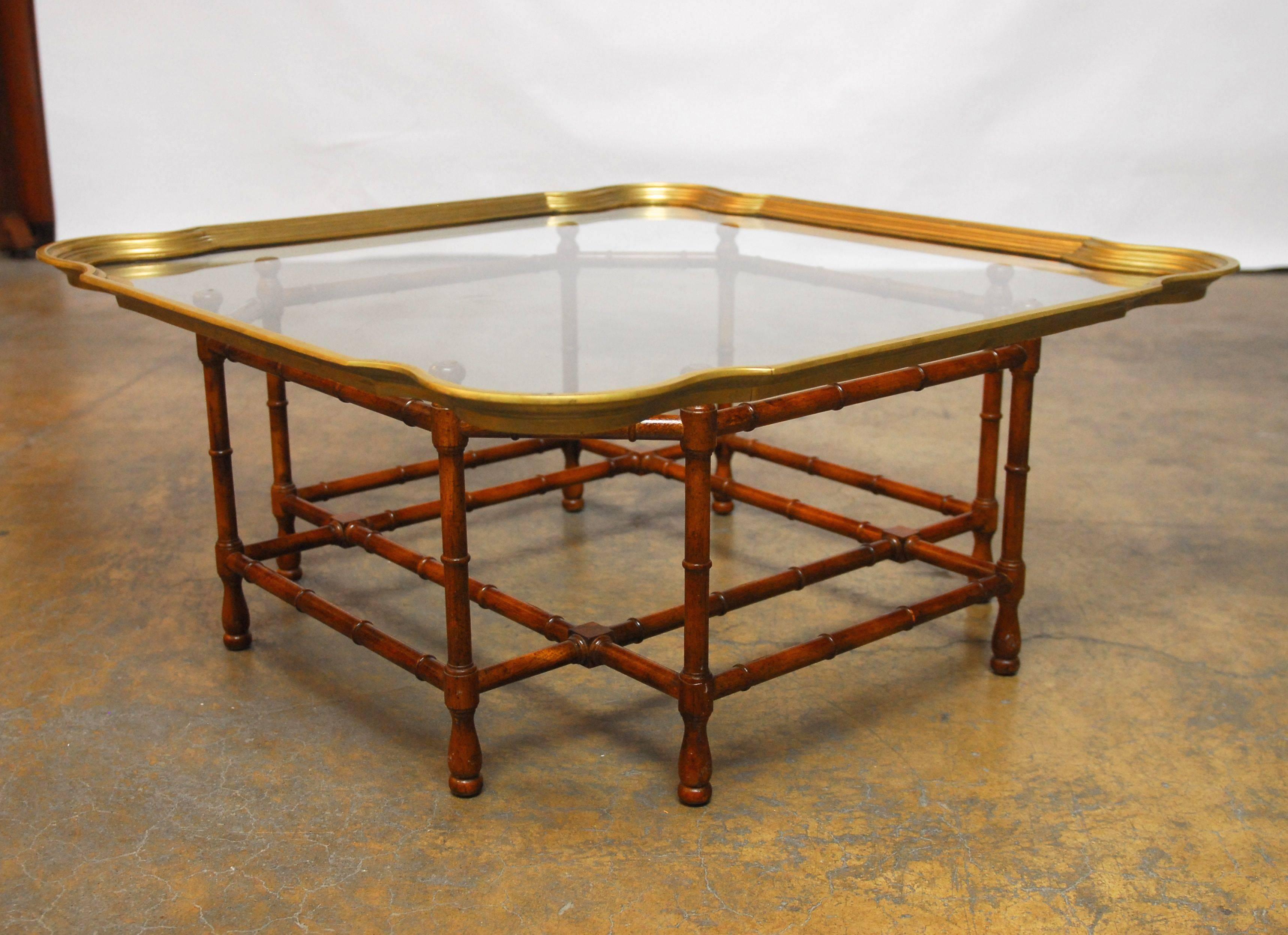 Hollywood Regency Baker Bamboo and Brass Tray Top Coffee Table