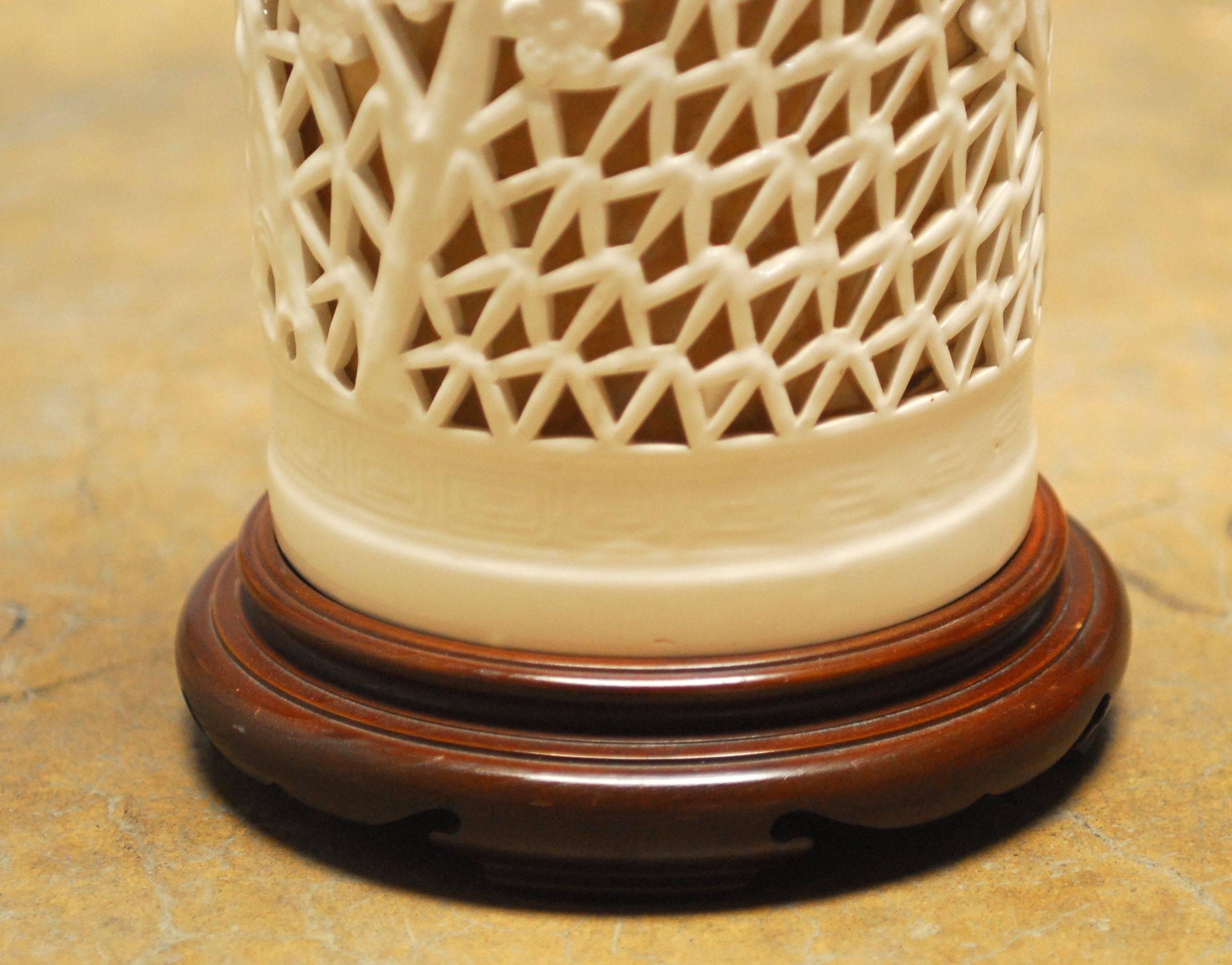 Mid-Century Modern Blanc De Chine Reticulated Porcelain Table Lamp