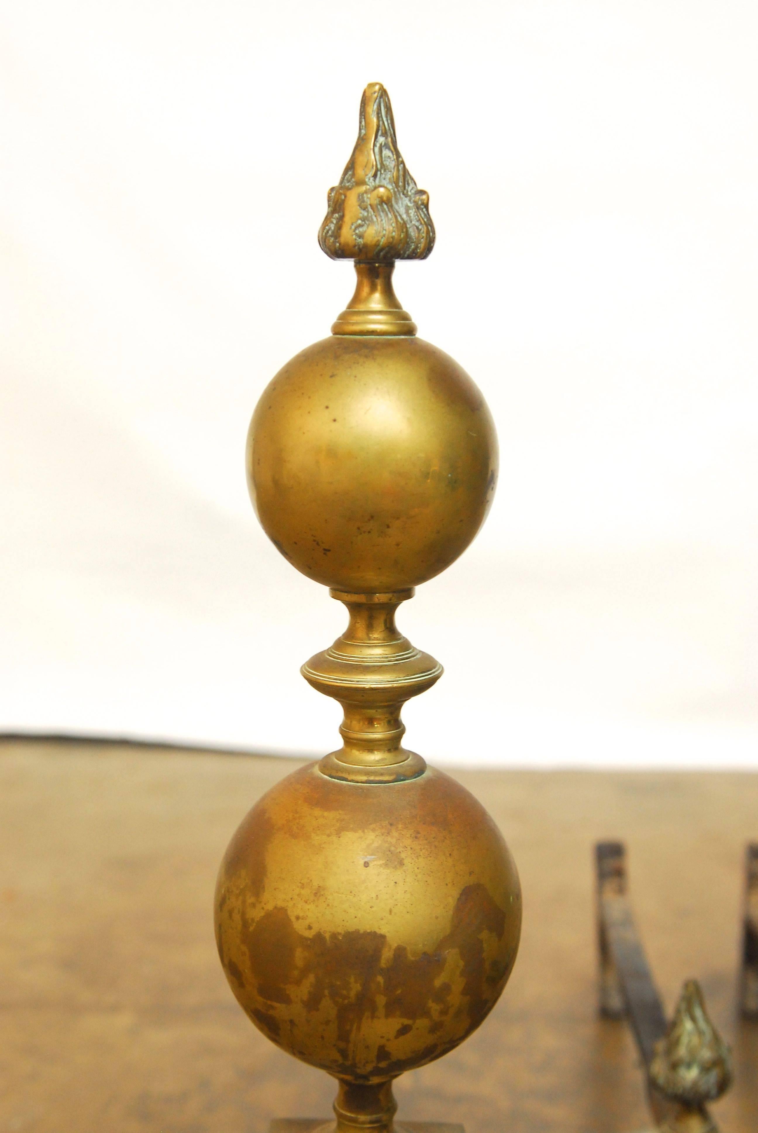 19th Century Pair of Monumental English Brass Andirons