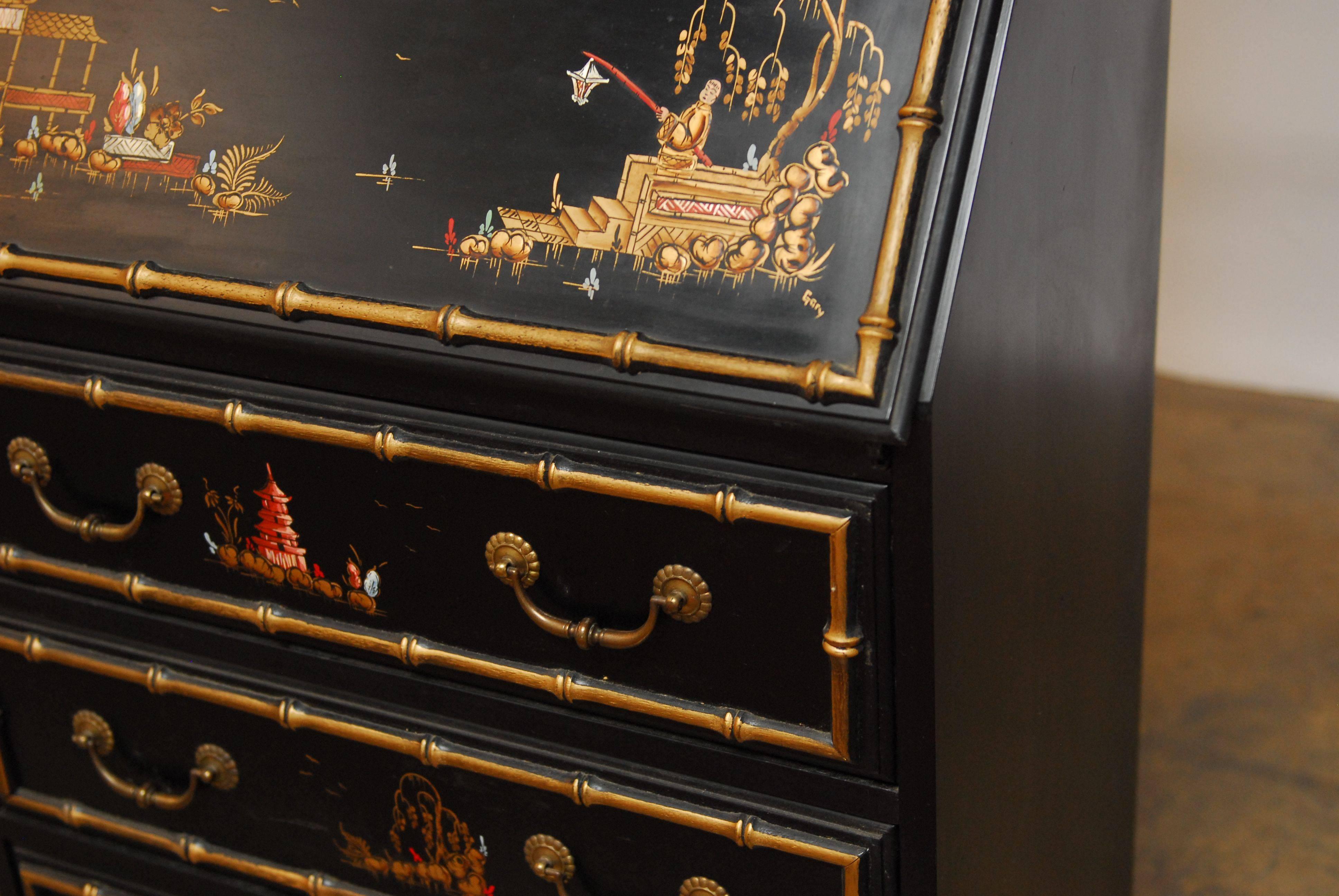 Brass Black Lacquer Chinoiserie Secretary Bookcase