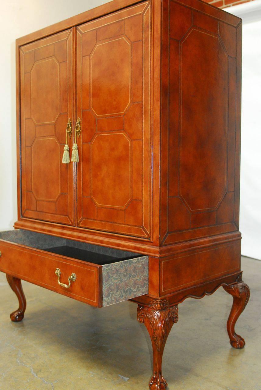 Georgian Maitland-Smith Tooled Leather Wrapped Armoire Cabinet
