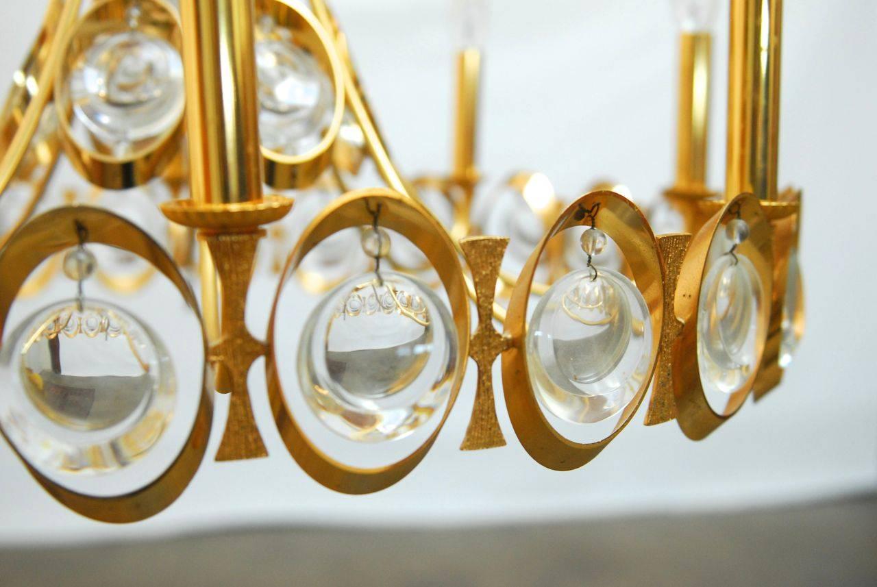 Hollywood Regency Eight-Light Modernist Gilded Brass Chandelier by Palwa