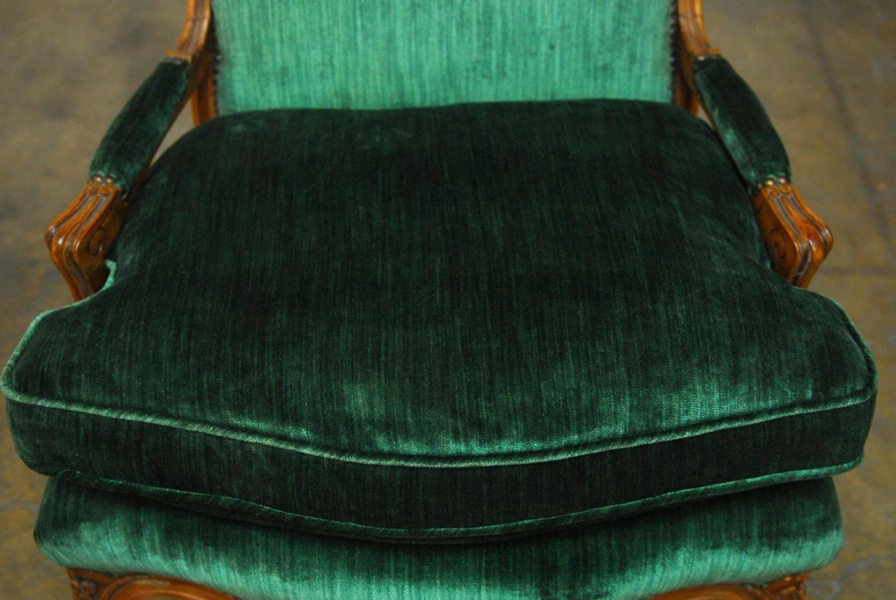 Hand-Carved Pair of Louis XV Emerald Velvet Armchairs