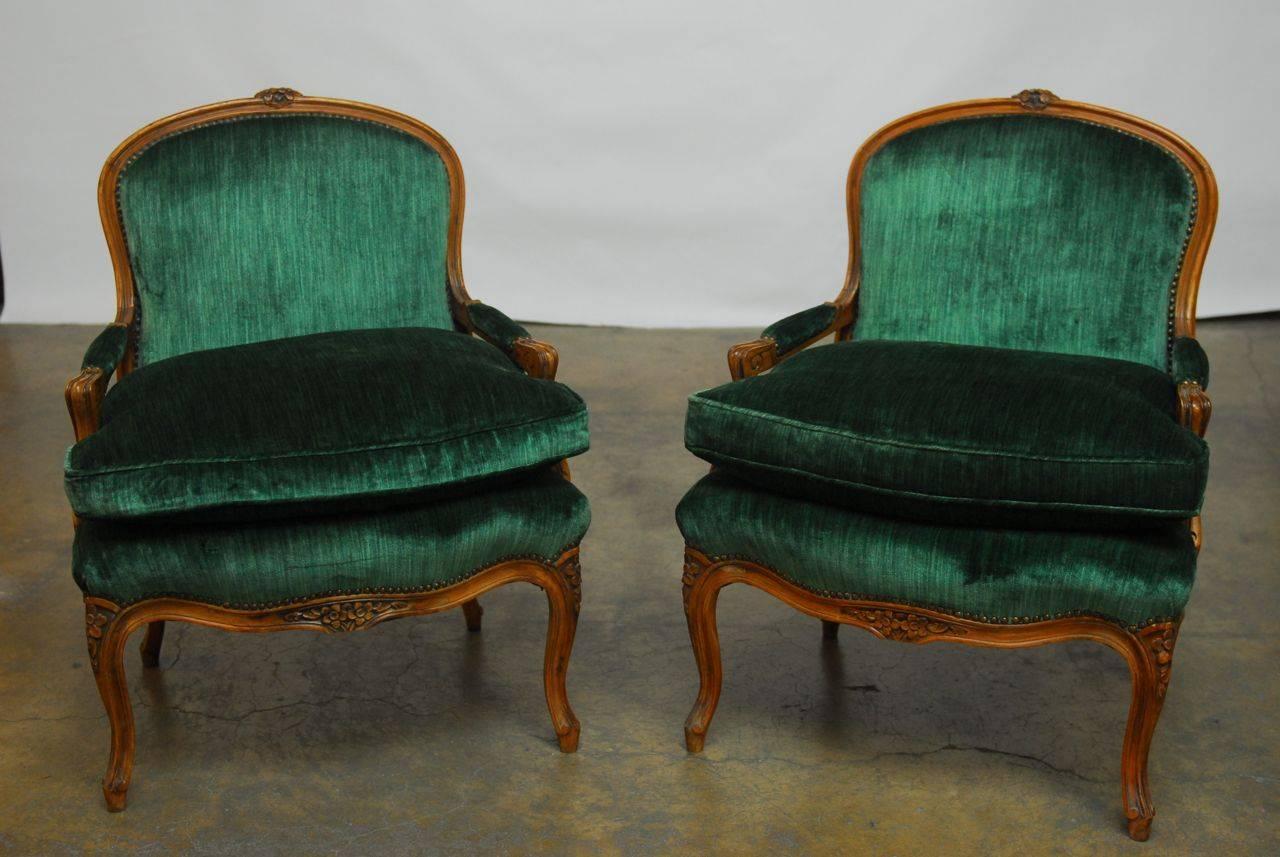 French Pair of Louis XV Emerald Velvet Armchairs