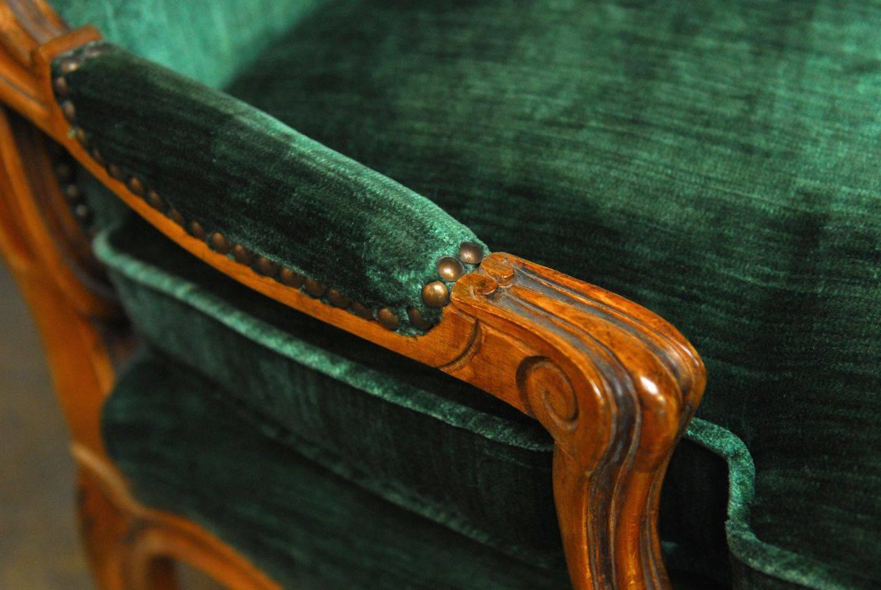 Walnut Pair of Louis XV Emerald Velvet Armchairs