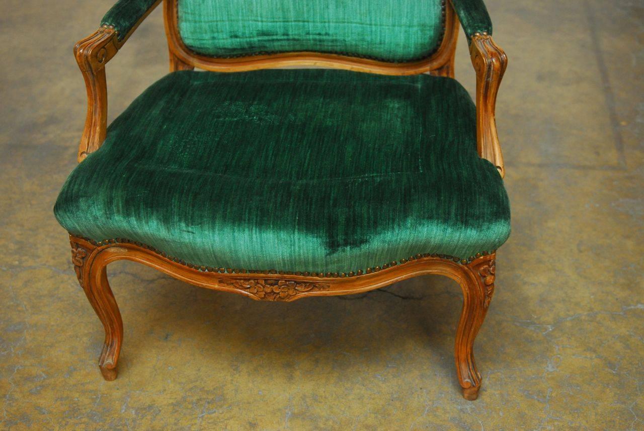 Pair of Louis XV Emerald Velvet Armchairs 2