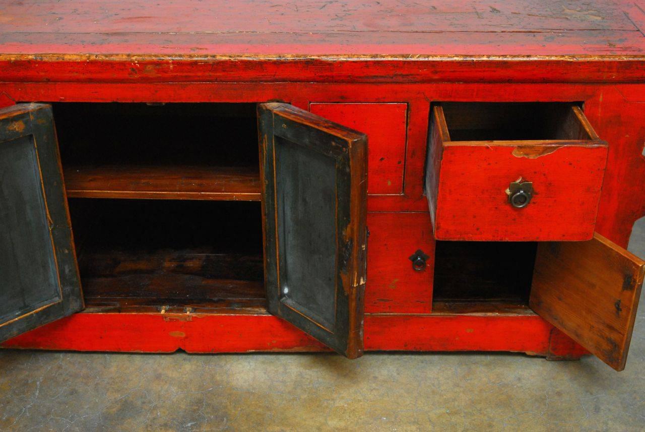 Hand-Carved Chinese Red Lacquer Sideboard Console Table