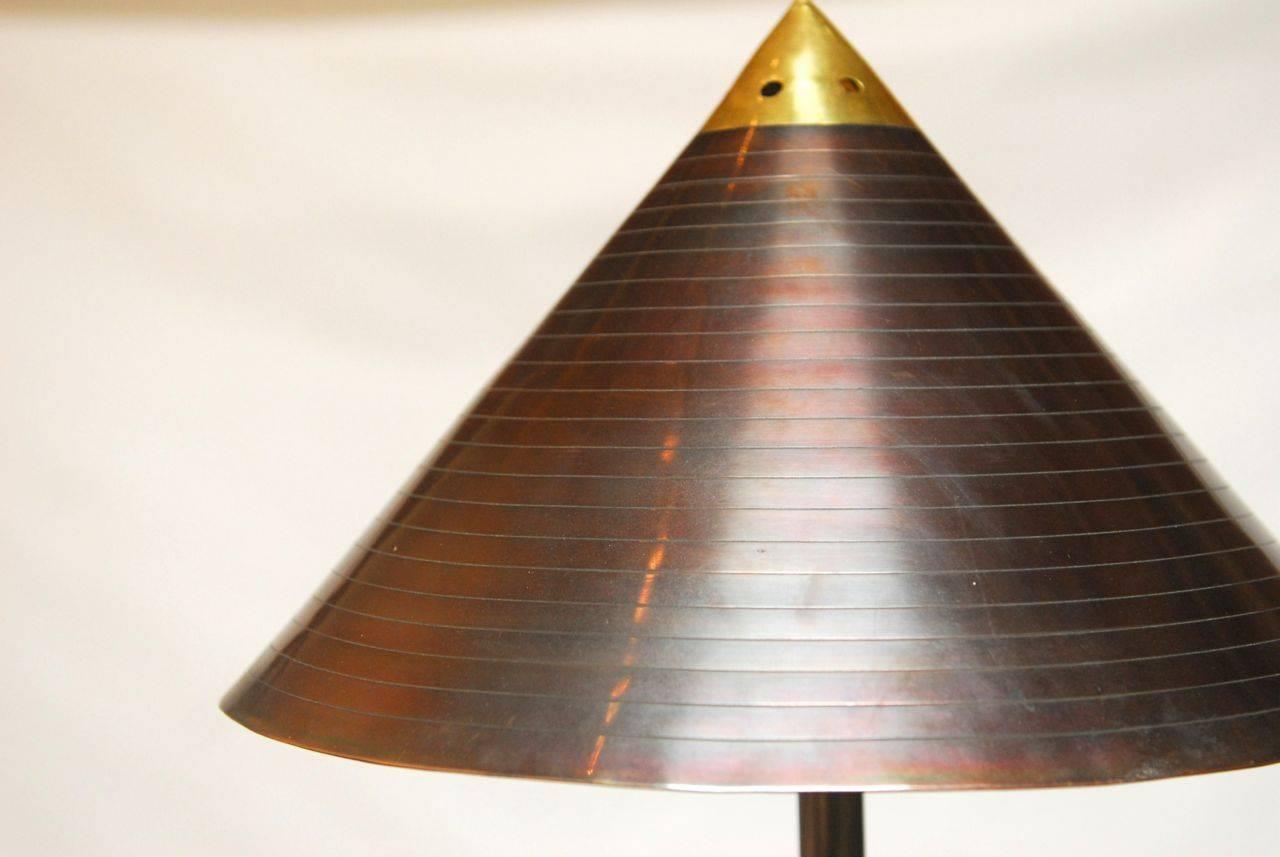 Scandinavian Modern Pair of Mid-Century Modern Brass Chinese Hat Table Lamps