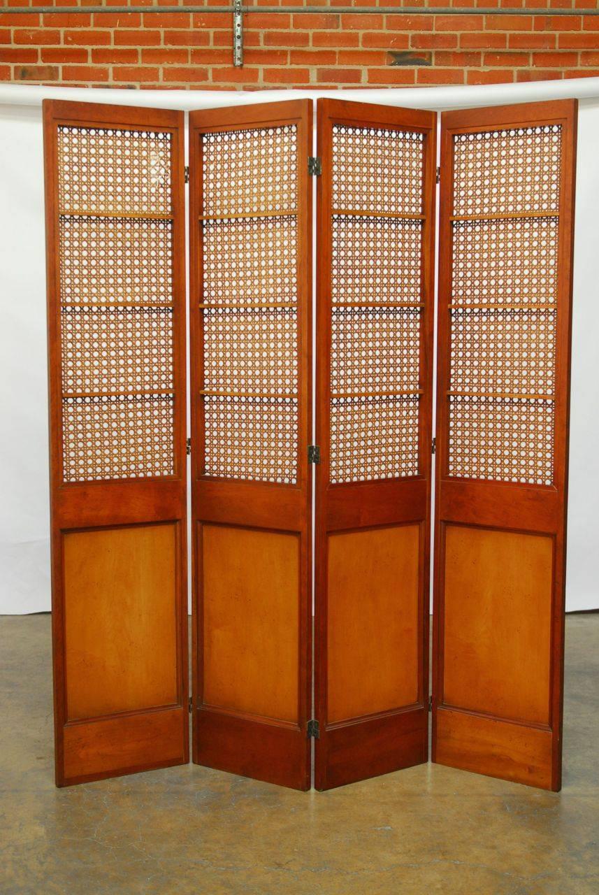 American Four Panel Mahogany Screen with Cane Windows