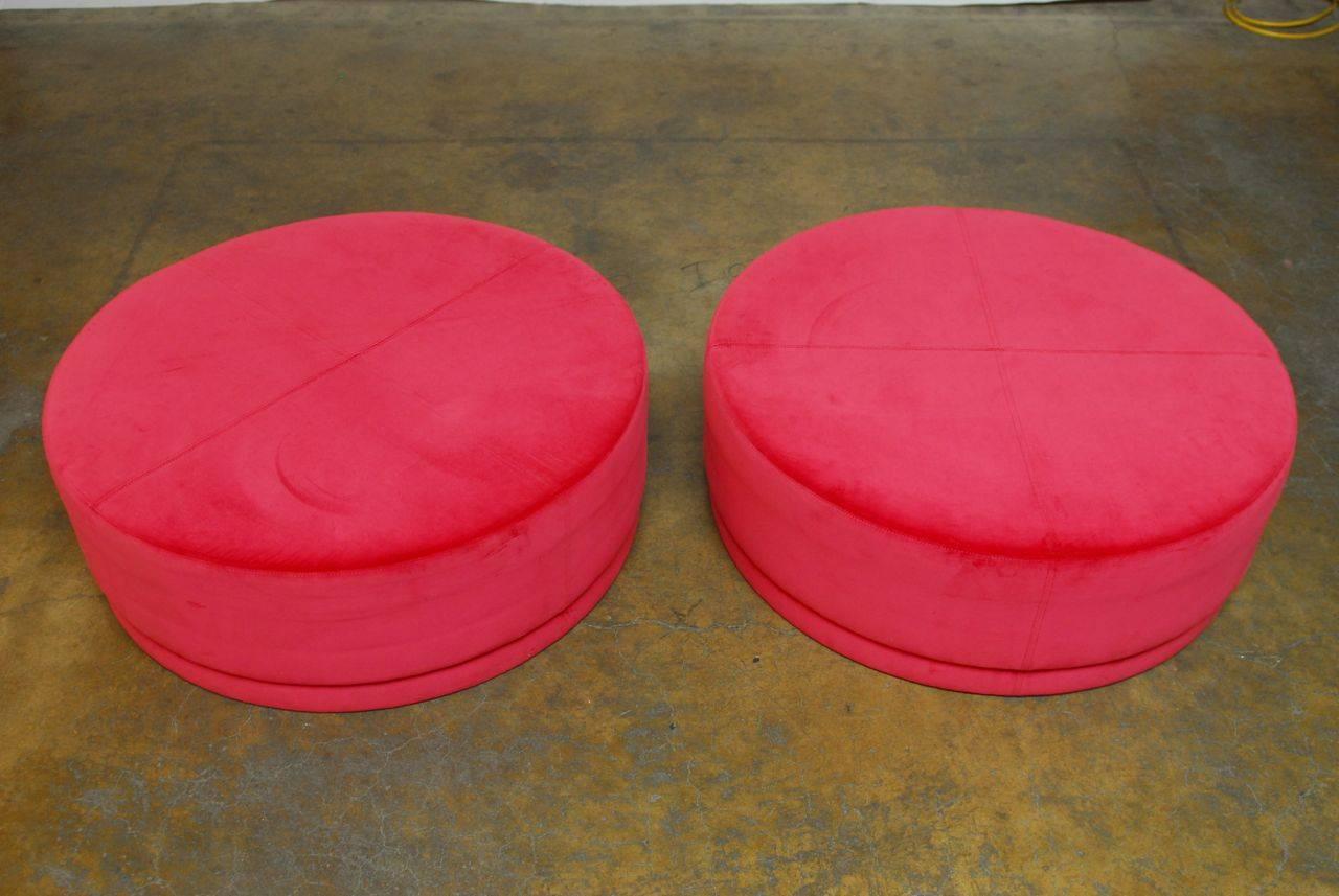 Modern Pair of Pink Fuchsia Pill Shaped Velvet Ottomans