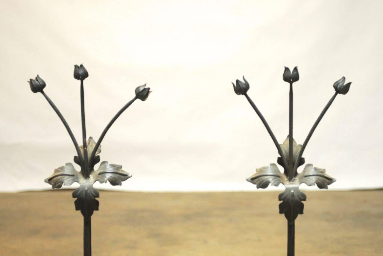 Hand-Crafted Pair of French Floral Art Nouveau Andirons